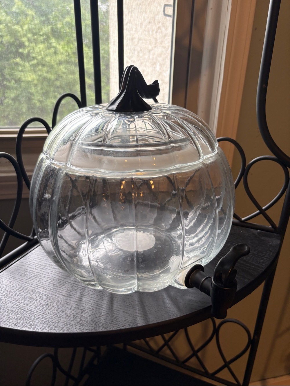 Clear Glass Pumpkin Beverage/Liquid Dispenser with Black Lid and Spigot